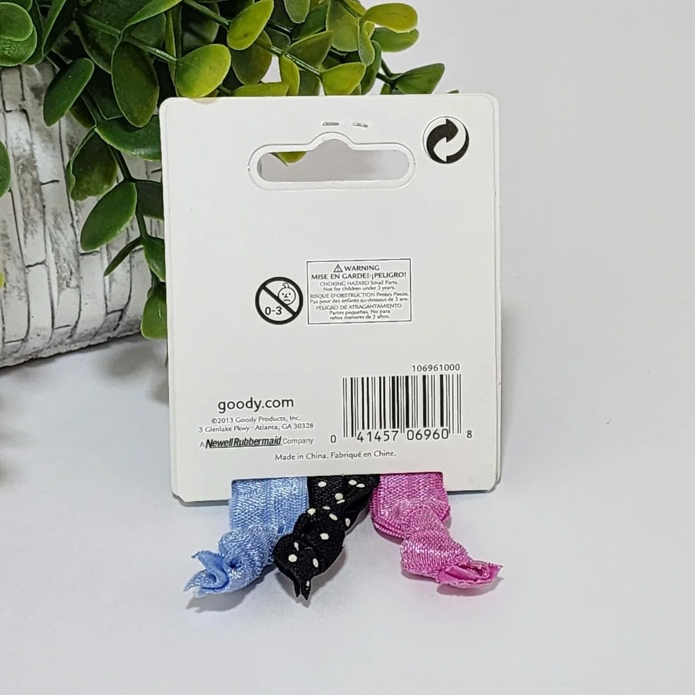 Goody Ouchless Ponytailers Ribbon Elastic Hair Tie 3 PCS Polka Black Blue Pink